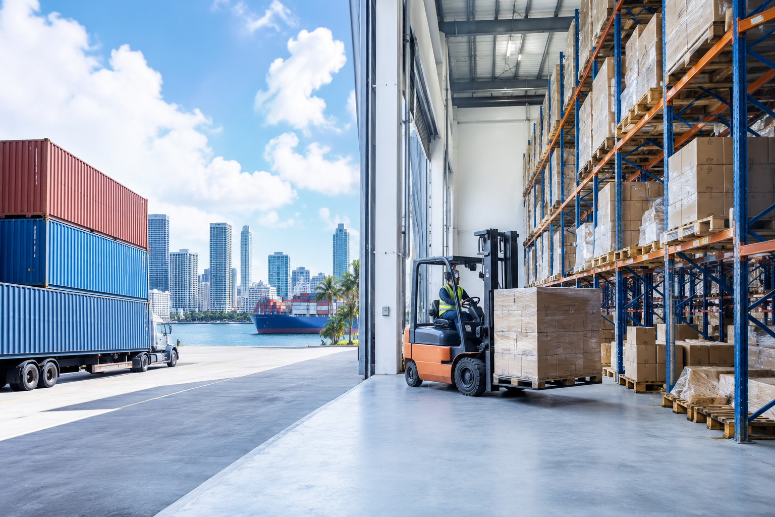 Logistics warehouse with shipping containers and forklift
