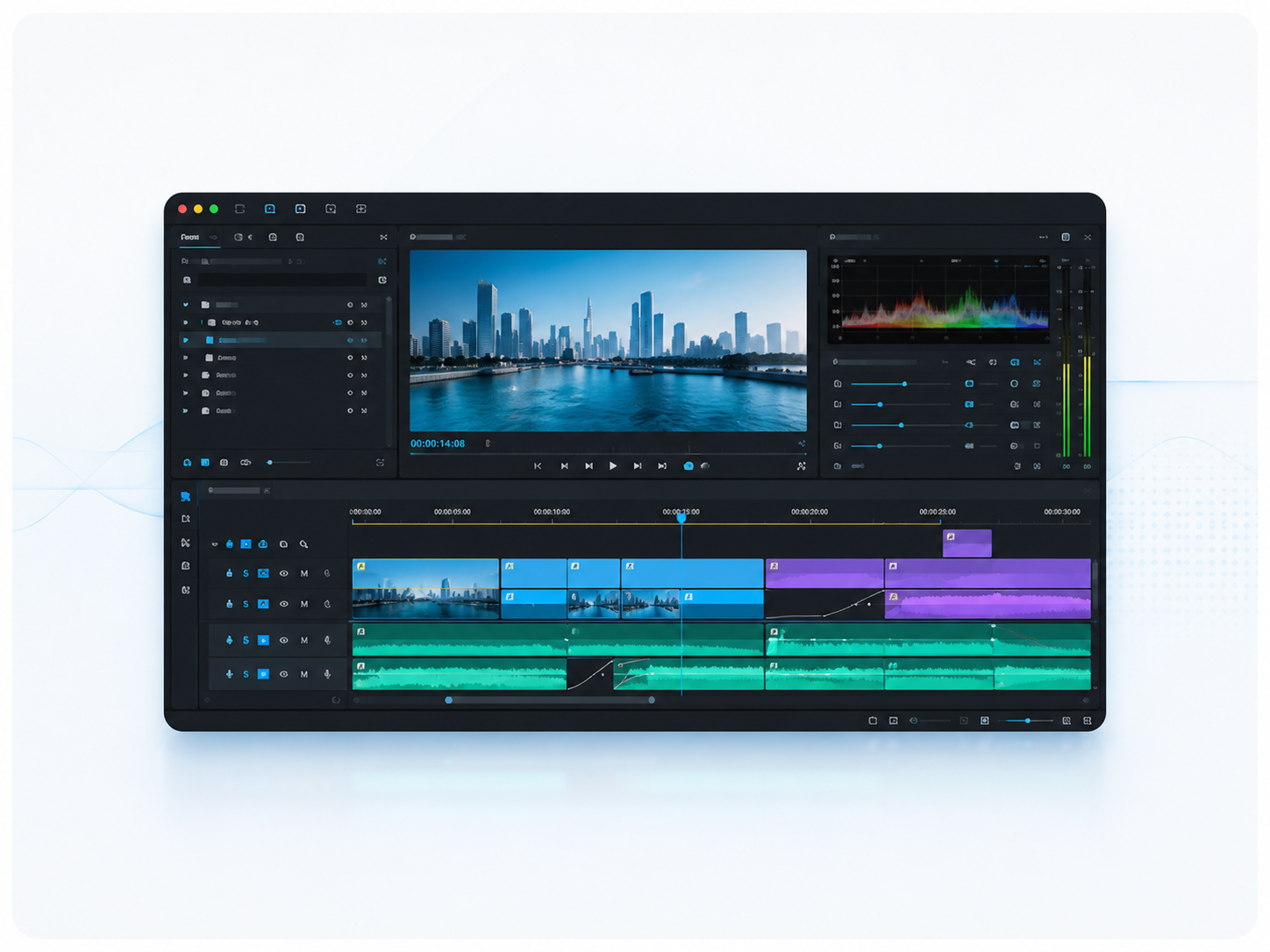 Post-production editing interface with timeline, color and audio tools
